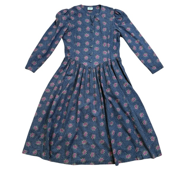 Laura Ashley Dresses & Skirts - LAURA ASHLEY Vintage 80s Long Sleeve Floral Button Down Puff Shoulder Midi Dress